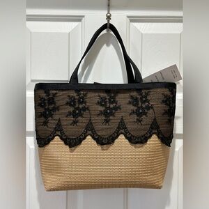 Angelica Accessories Straw Tote with Black Lace Overlay Shoulder Bag